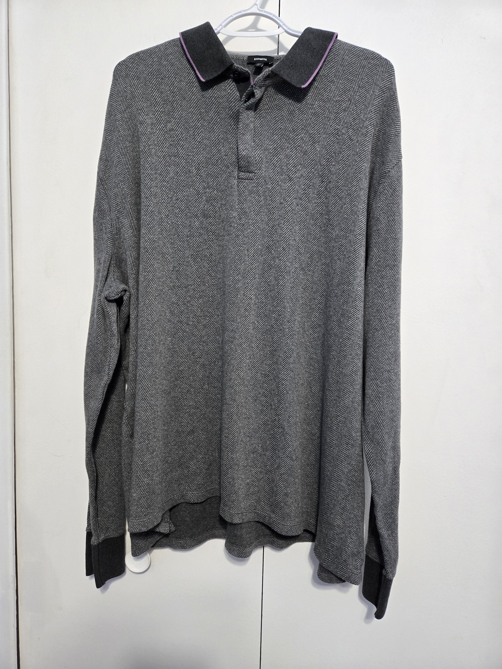 Express Men's XXL Tall Gray Herringbone Long Sleeve Polo Shirt 100% Cotton